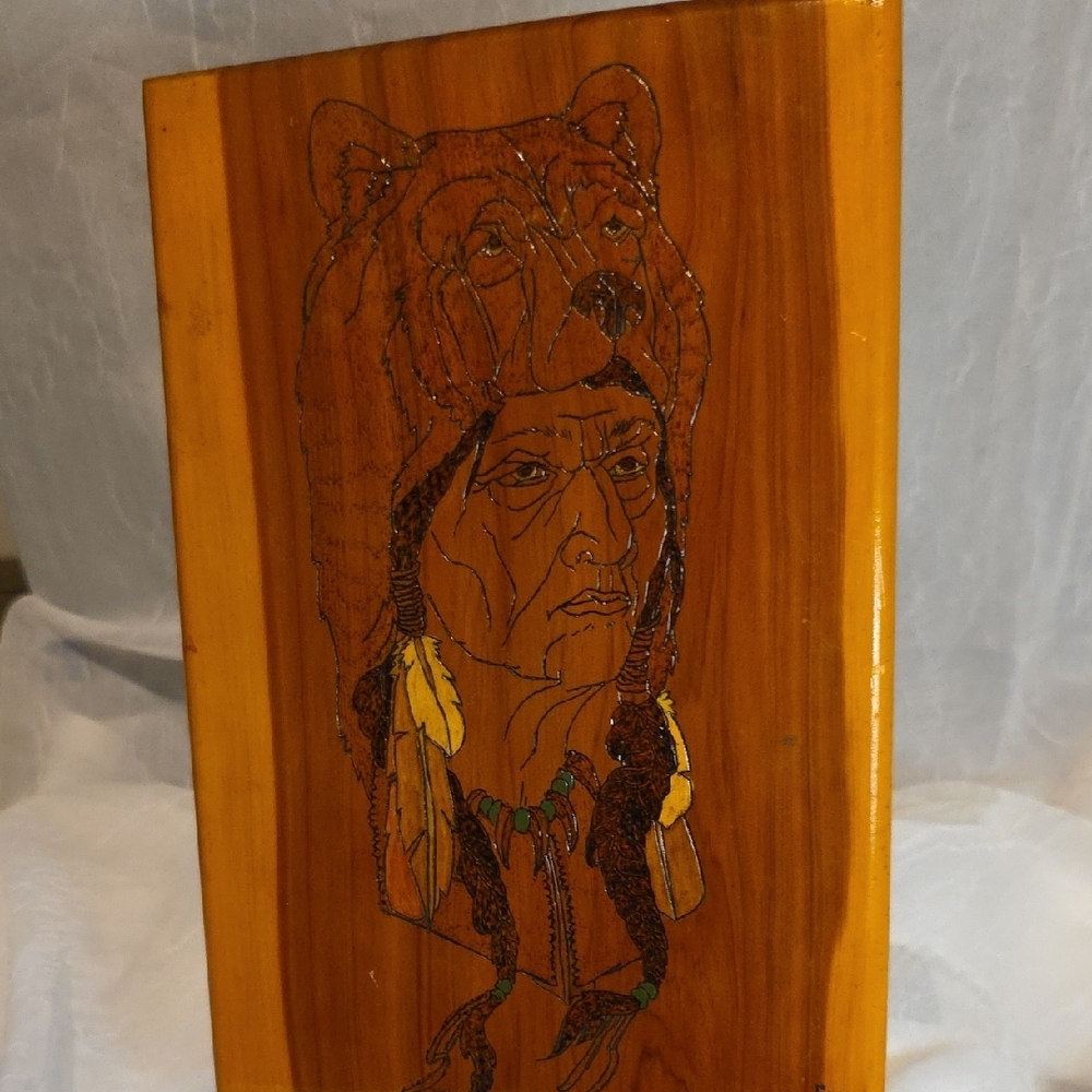Handcrafted Wooden Art with Native American With Bear Head Dress. - Picture 7 of 11